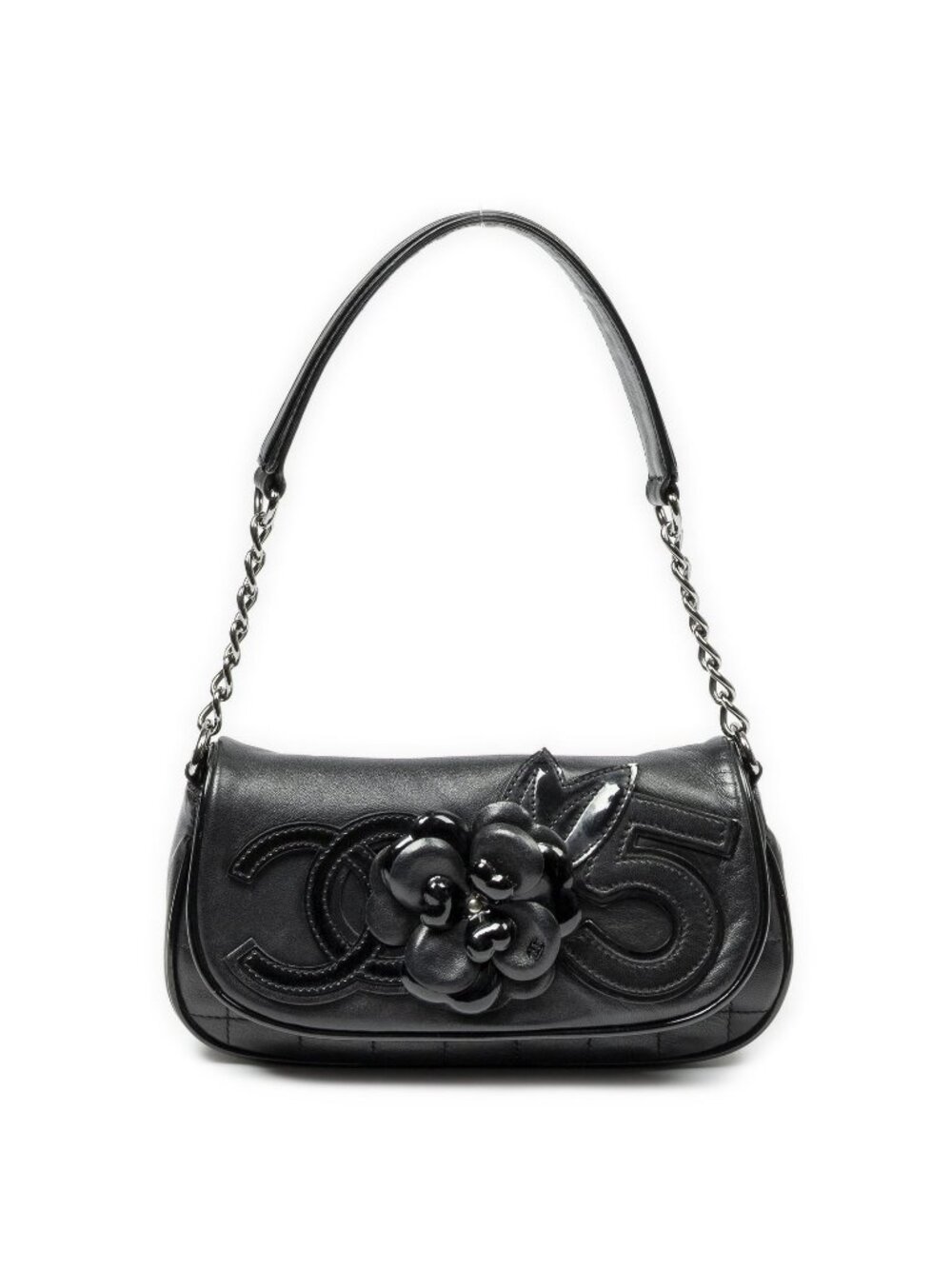 Chanel Camellia No 5 Flap Shoulder Bag Black Quilted Lambskin Leather